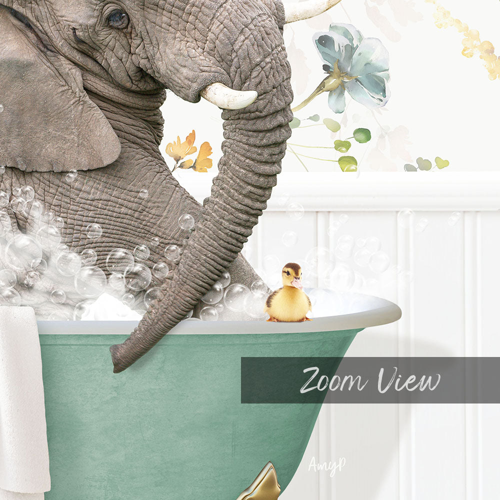 A large gray elephant is taking a bath in a green tub, with a small yellow duck sitting on the edge of the tub.