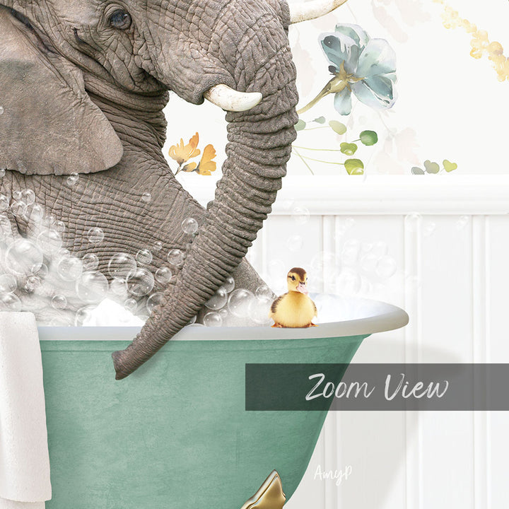 A large gray elephant is taking a bath in a green tub, with a small yellow duck sitting on the edge of the tub.