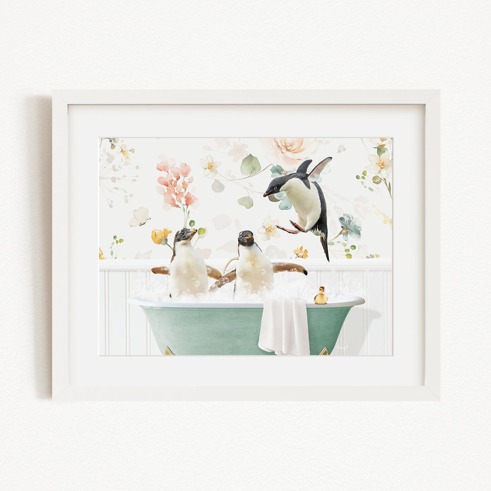 A framed image depicting three penguins sitting in a green bathtub, surrounded by flowers and greenery.