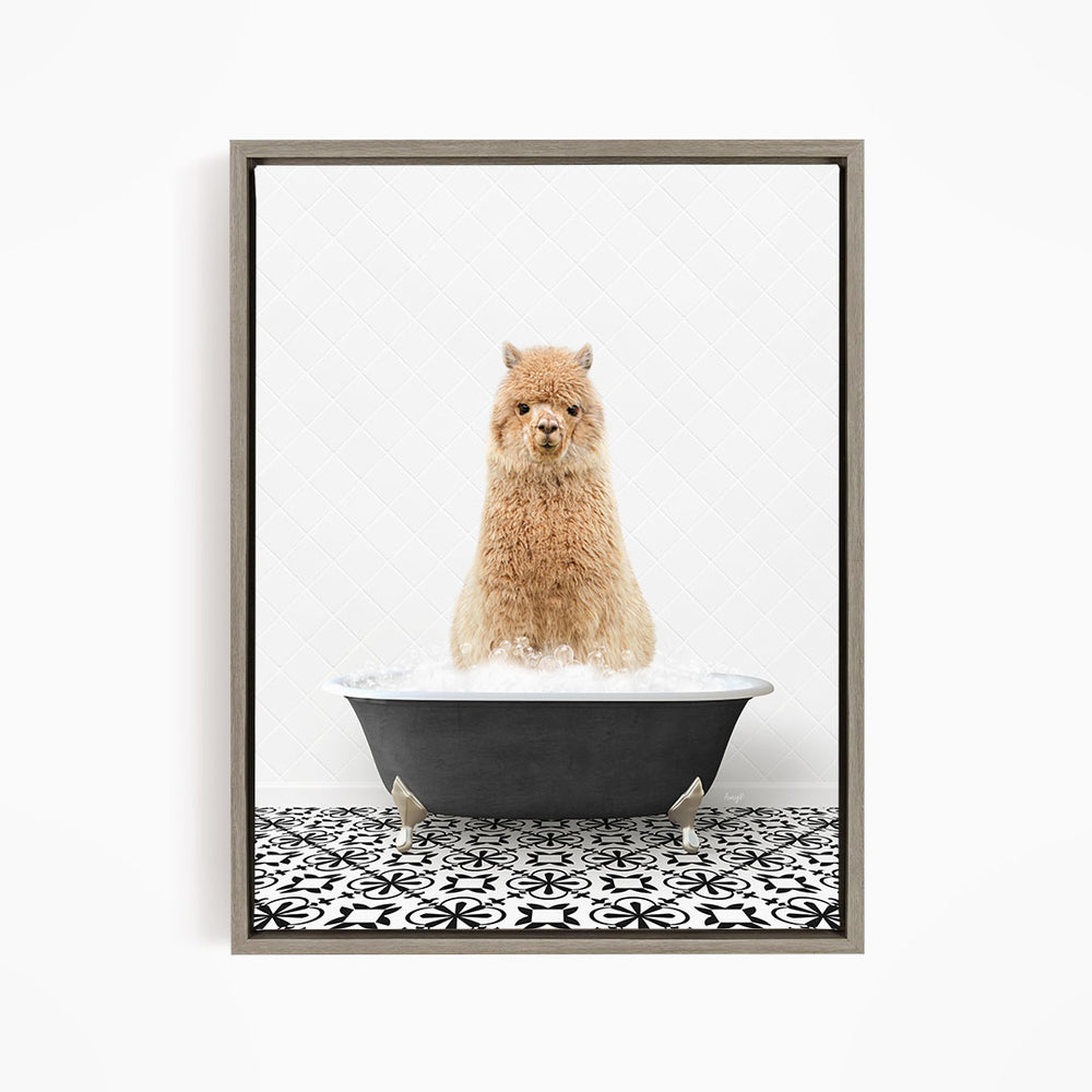 A fluffy brown dog sitting in a black bathtub filled with water, surrounded by a black and white patterned tile floor.