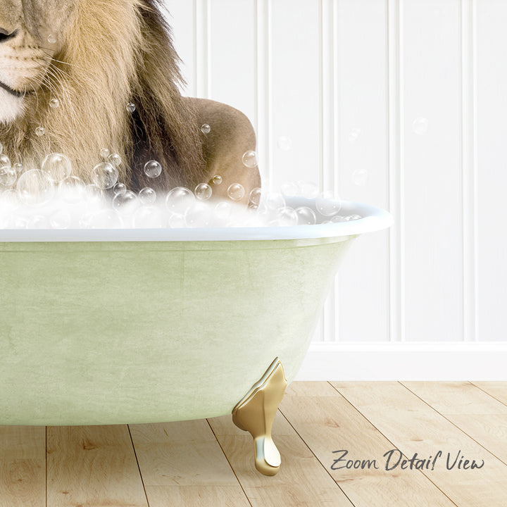 A lion is sitting in a green bathtub filled with bubbles, enjoying a relaxing bath.