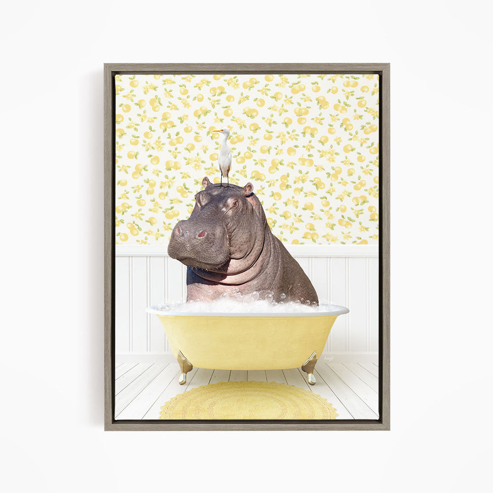 A hippopotamus sitting in a yellow bathtub, with a bird perched on its head.
