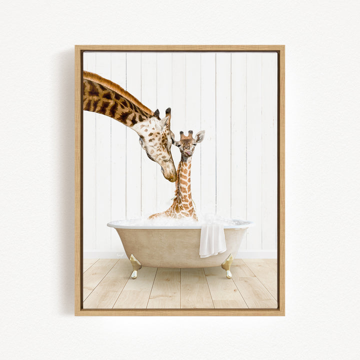 A mother giraffe and her baby giraffe are enjoying a relaxing bath together in a white bathtub, with the mother gently nuzzling her baby.