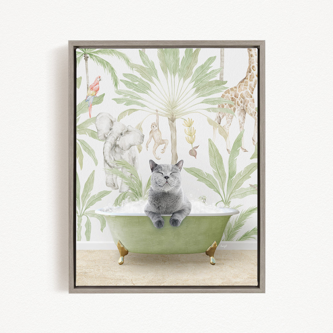 A gray cat sitting in a green bathtub, surrounded by a tropical jungle scene with various animals and plants.