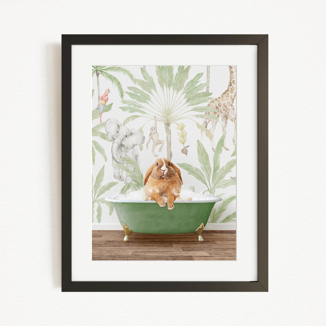 A framed print depicting a dog sitting in a green bathtub, surrounded by various animals and plants, including a giraffe and a monkey.