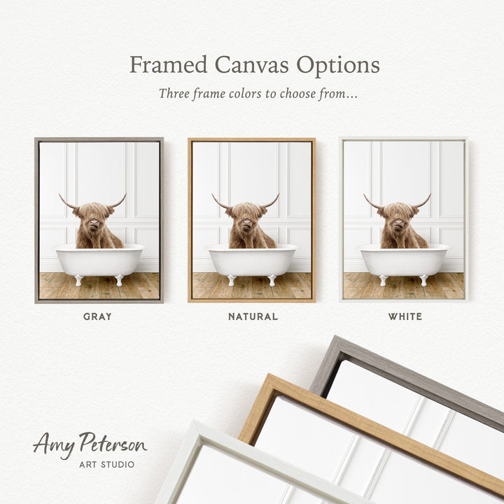three framed canvas options, each featuring a photograph of a brown cow sitting in a bathtub. The options include a gray frame, a natural frame, and a white frame.