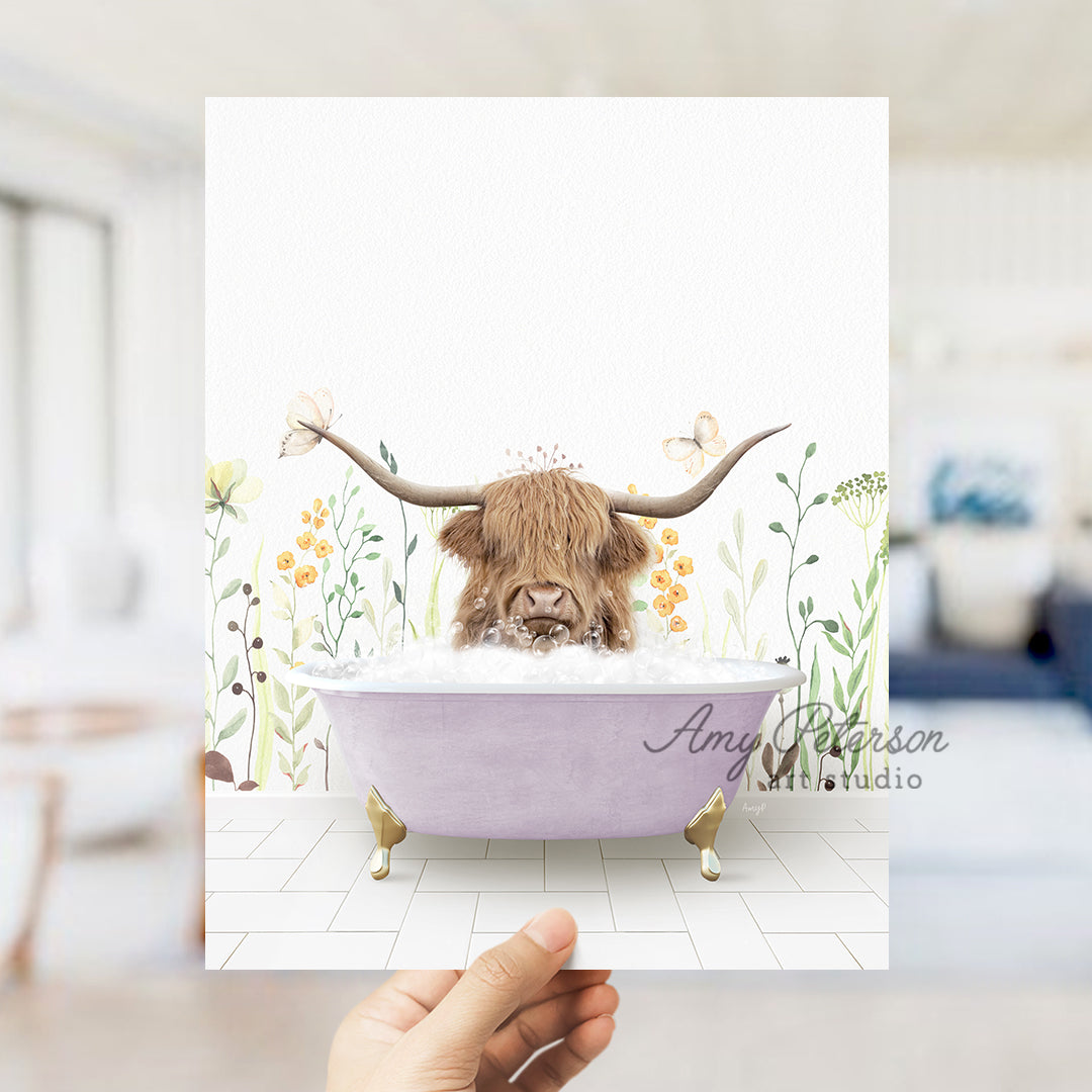 a person holding up a card with a picture of a cow in a bathtub