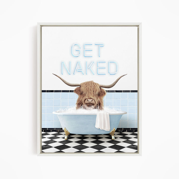 A framed image depicting a horned animal, likely a yak or a similar animal, sitting in a bathtub filled with bubbles and surrounded by a checkered floor and a sign that says "GET NAKED".