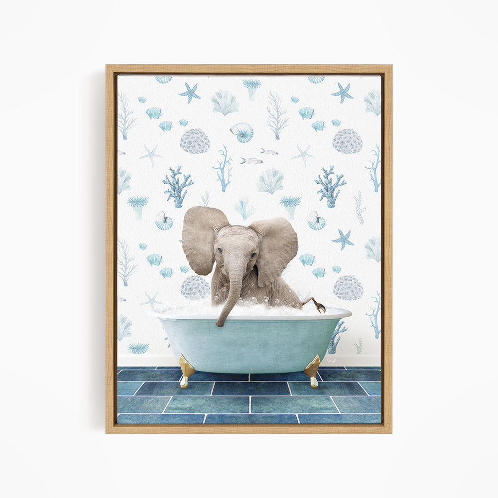 An elephant sitting in a blue bathtub filled with water, surrounded by various marine life and plants.