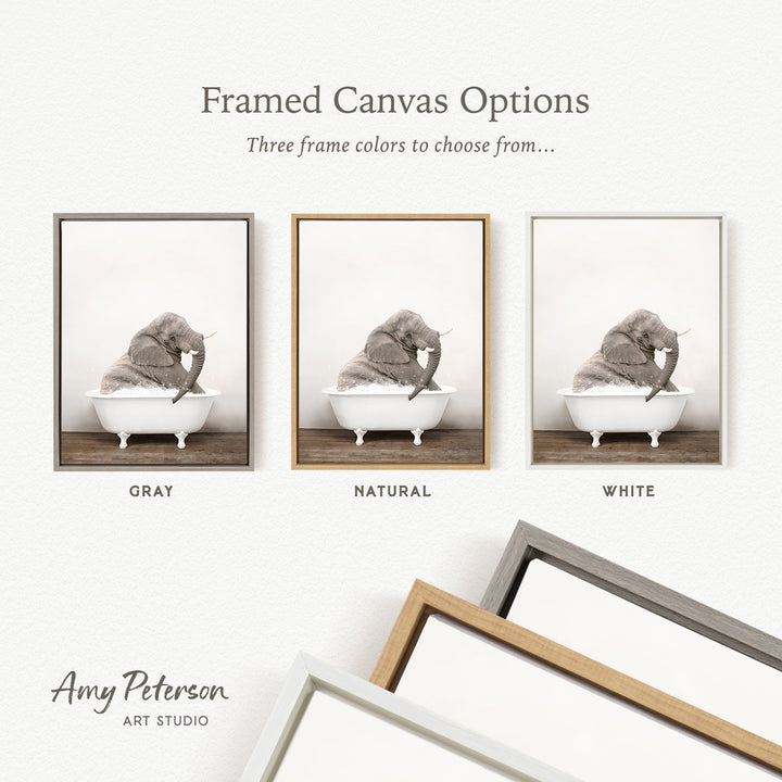 three framed canvas options, each featuring a black and white photograph of an elephant sitting in a bathtub. The options include a gray frame, a natural frame, and a white frame.