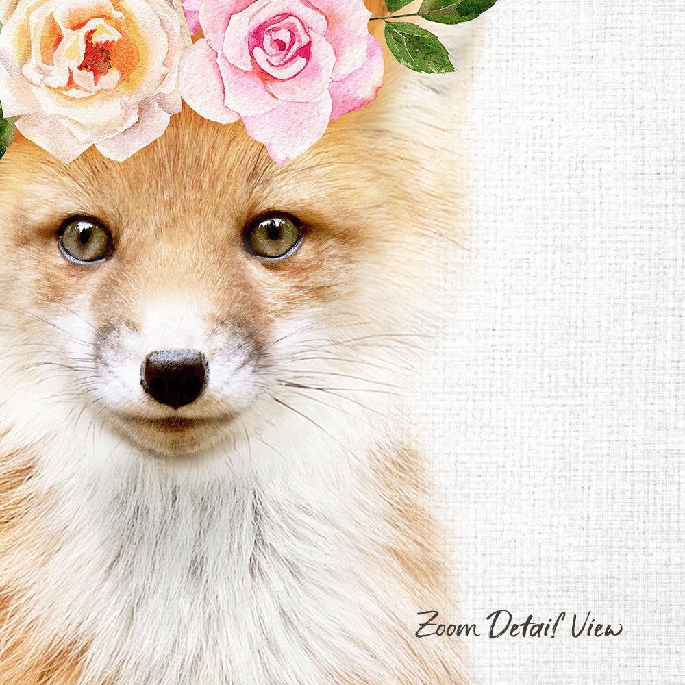 A close-up portrait of a fox with a floral headpiece on its head, set against a white background.