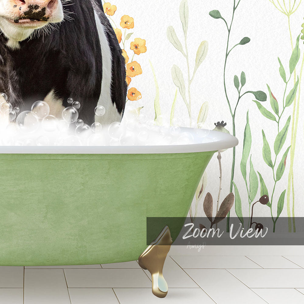 A black and white cow is sitting in a green bathtub filled with bubbles, surrounded by a floral wallpaper.