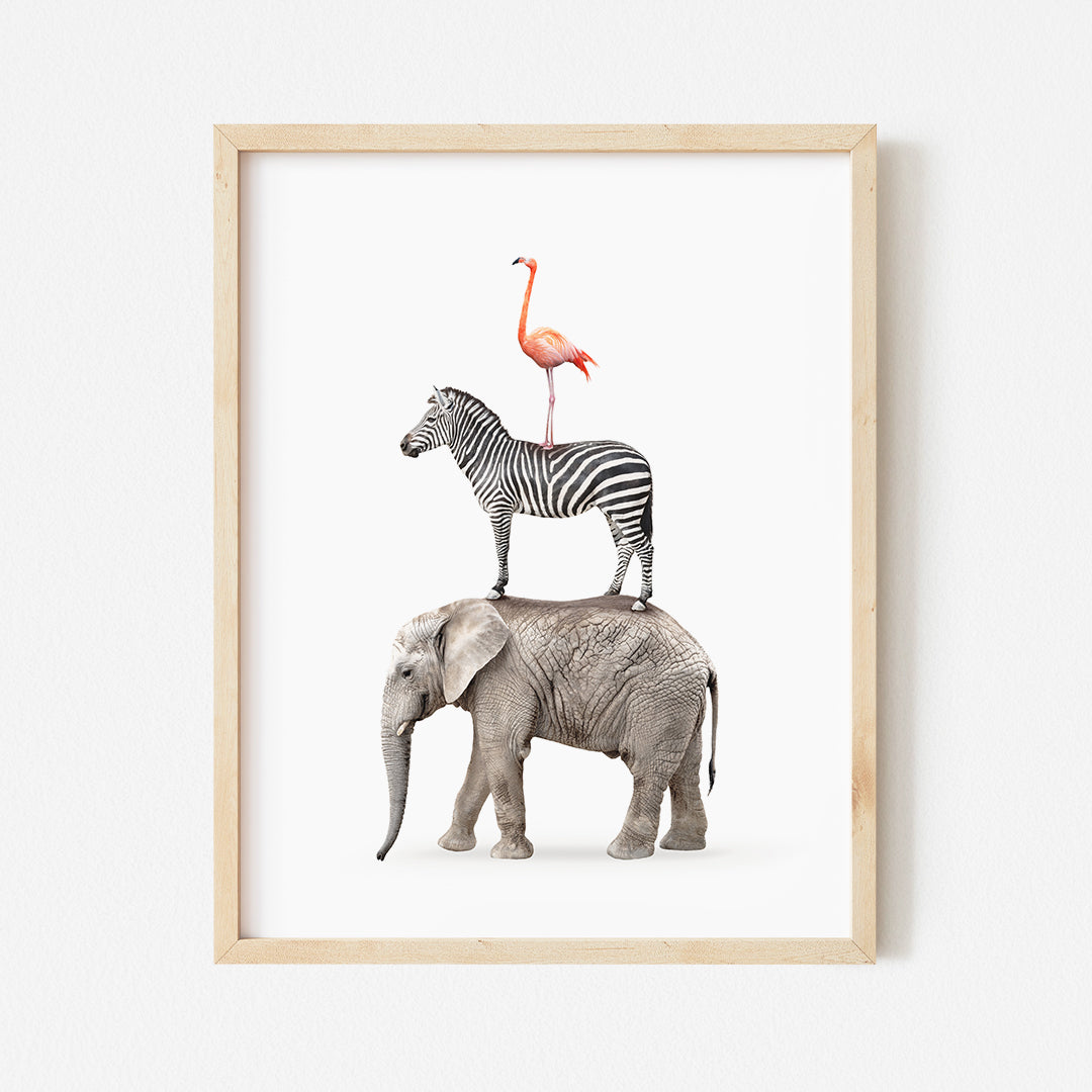 a zebra and a flamingo standing on top of an elephant