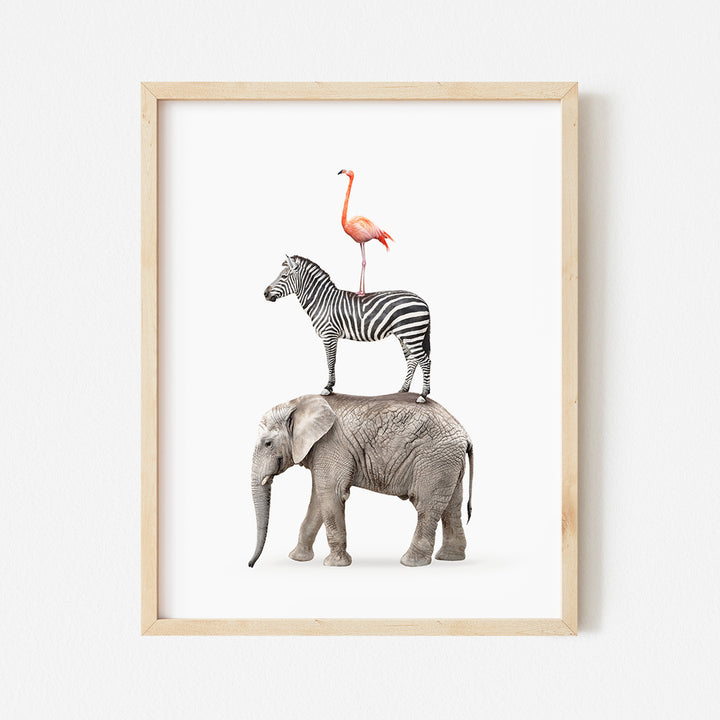 a zebra and a flamingo standing on top of an elephant