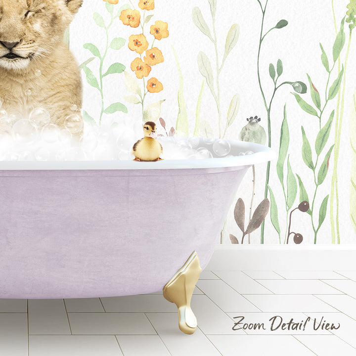 A large pink bathtub filled with bubbles, with a small yellow duck sitting on the edge of the tub. The background features a floral pattern.