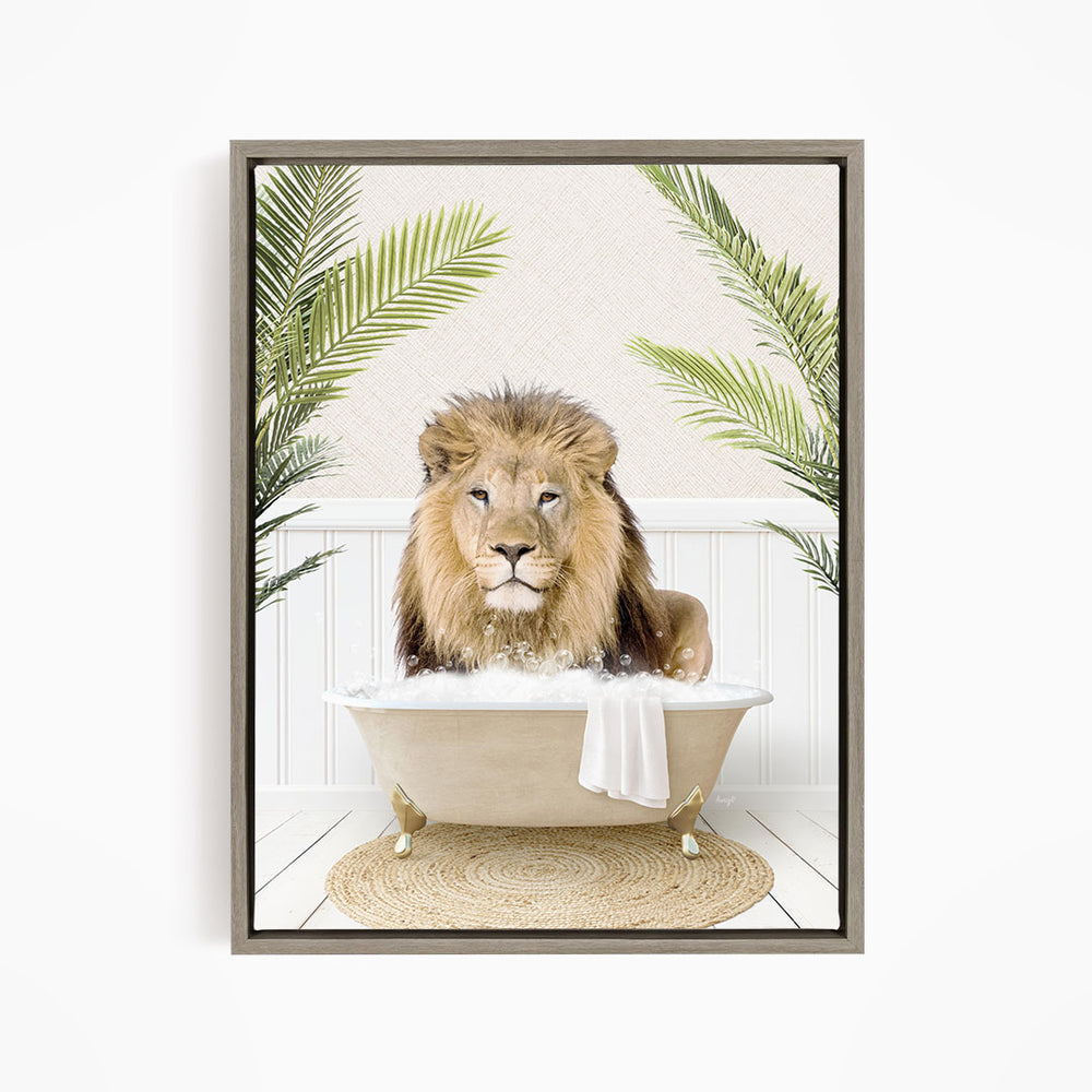 A lion is sitting in a bathtub filled with water, surrounded by palm leaves, creating a whimsical and playful scene.