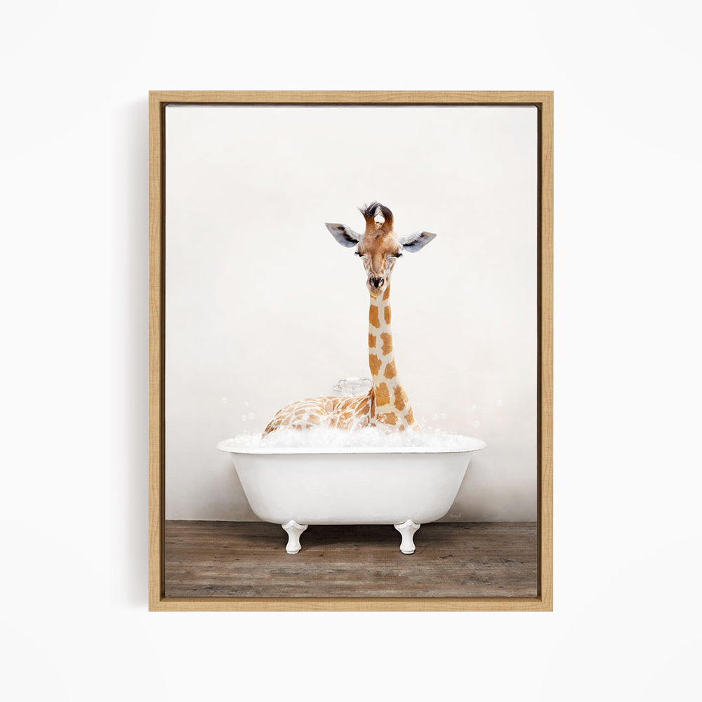 A giraffe sitting in a white bathtub filled with bubbles, creating a whimsical and playful scene.