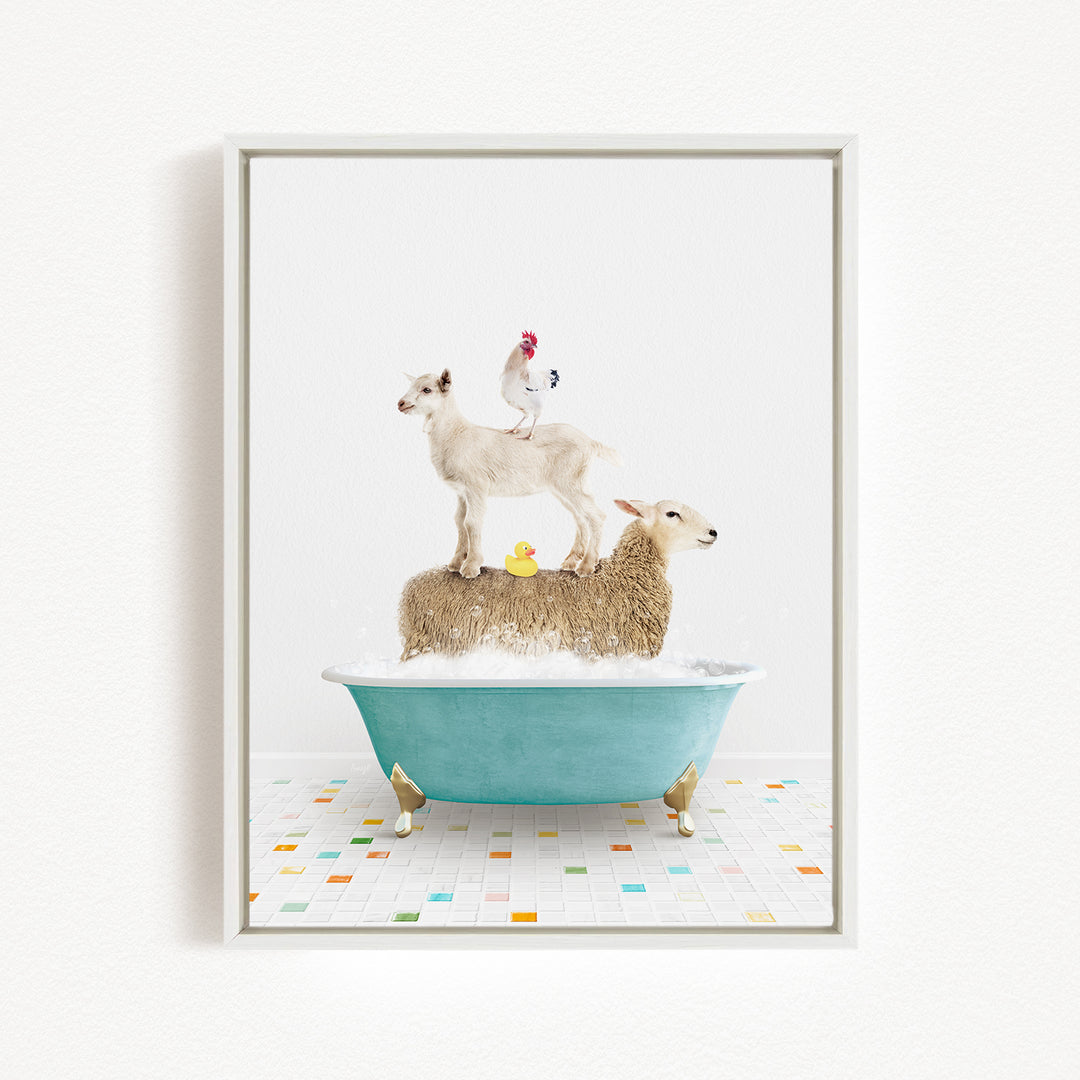 A sheep standing on a tub filled with bubbles, with a chicken perched on top, and a rubber duck floating in the water.