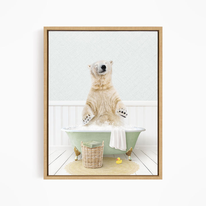 A polar bear sitting in a green bathtub filled with bubbles, surrounded by a basket of toys and a rubber duck.