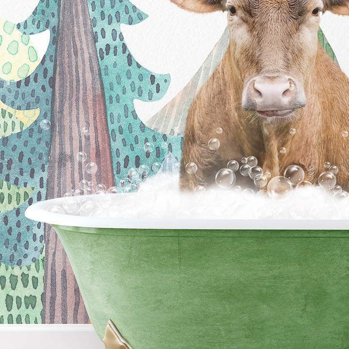 a cow is sitting in a bathtub with bubbles