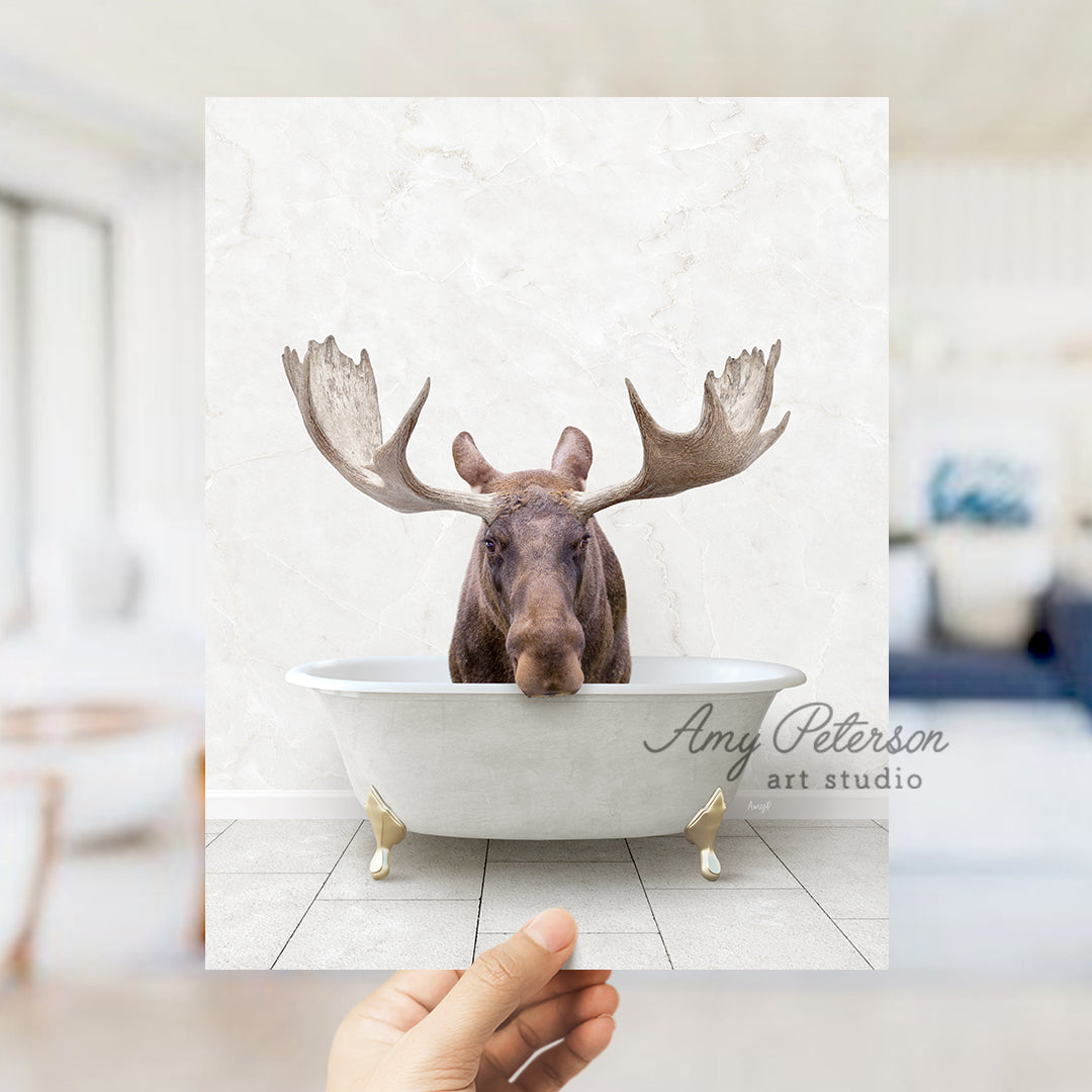 a hand holding up a photo of a moose in a bathtub