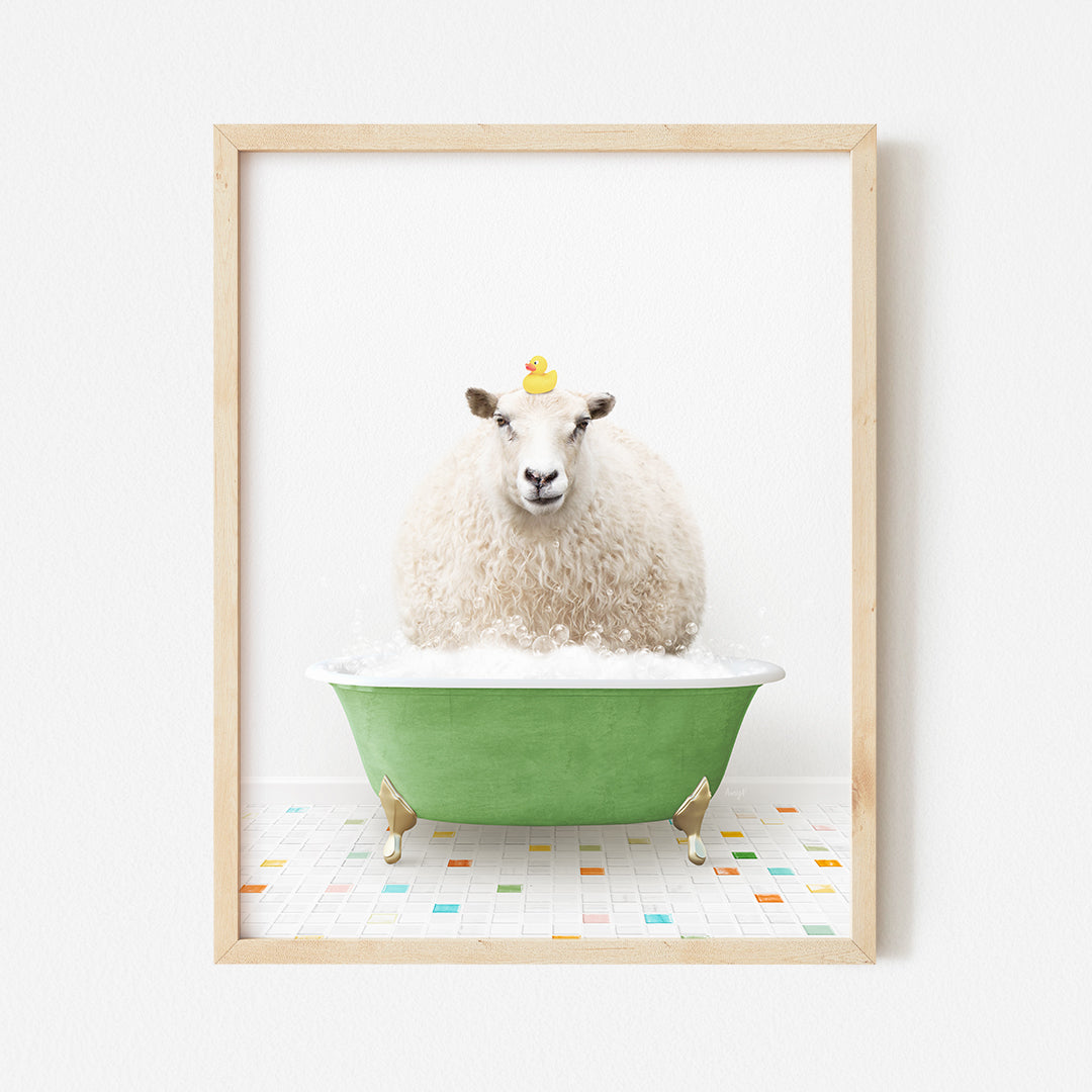 a sheep sitting in a bathtub with a rubber duck on its head