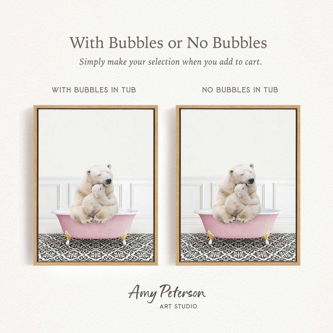 The image is a collage of two pictures, each featuring a polar bear and a baby bear in a pink bathtub. The polar bear is sitting on the edge of the tub, while the baby bear is sitting inside the tub. The image on the left has bubbles in the tub, while the image on the right does not have bubbles.