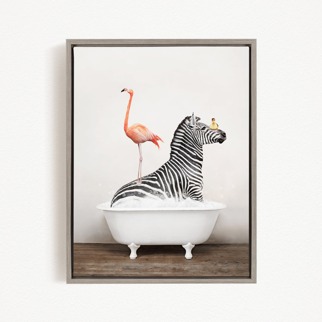 A zebra is sitting in a white bathtub, with a pink flamingo standing on its back and a small yellow bird perched on its head.
