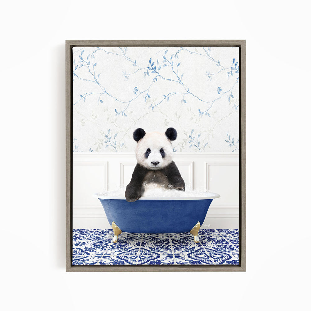 A panda bear sitting in a blue bathtub, surrounded by a blue and white patterned floor.