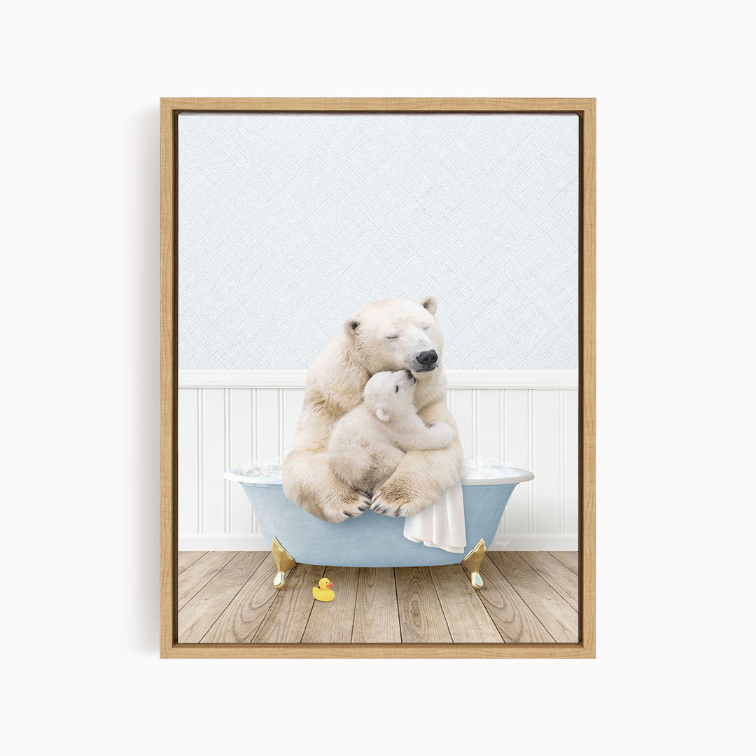 A polar bear is sitting in a bathtub filled with water, with a baby bear nestled next to it.