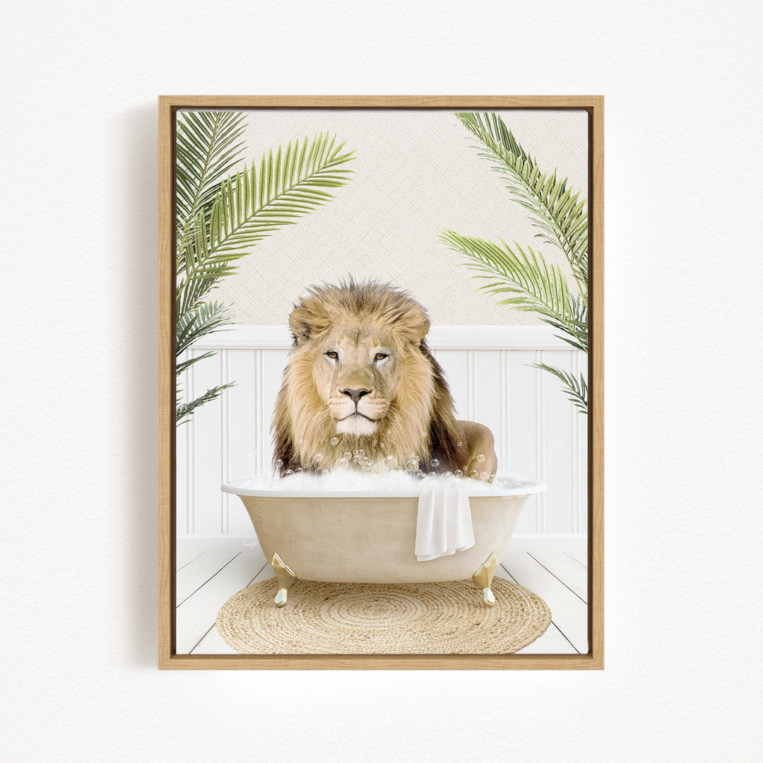 A lion sitting in a bathtub filled with water, surrounded by palm leaves.