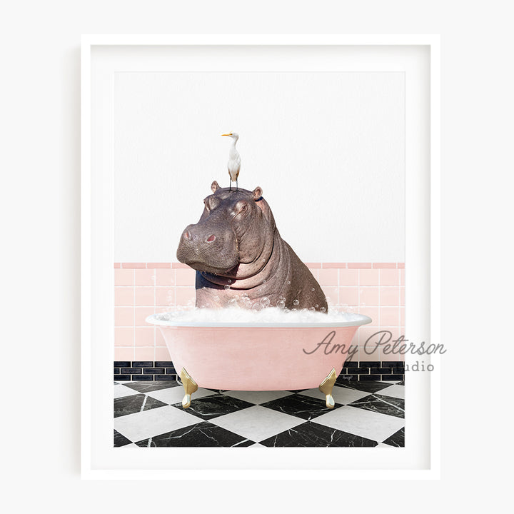 a hippo in a bathtub with a bird on top of it