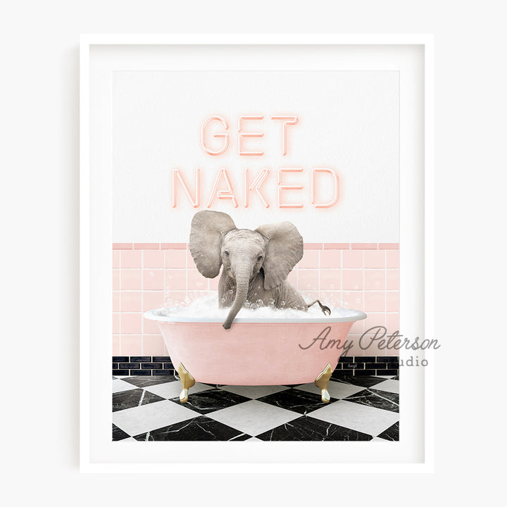 a picture of an elephant in a bathtub with the words get naked above it