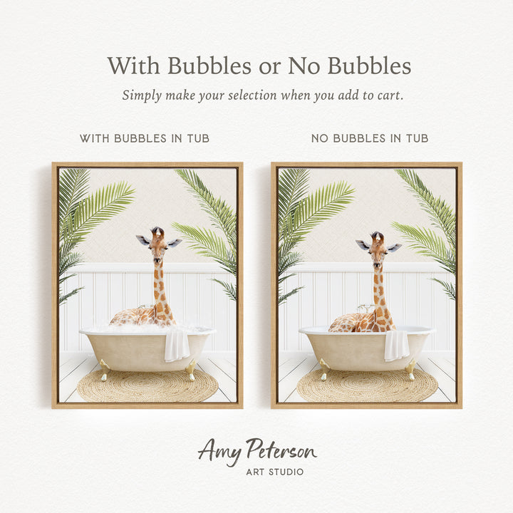The image is a collage of two framed pictures, each featuring a giraffe sitting in a bathtub. The text above the images reads "With Bubbles or No Bubbles" and below the images, it says "Simply make your selection when you add to cart."