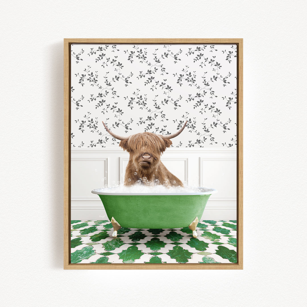 A brown cow with long horns is sitting in a green bathtub filled with bubbles, surrounded by a patterned green and white floor.