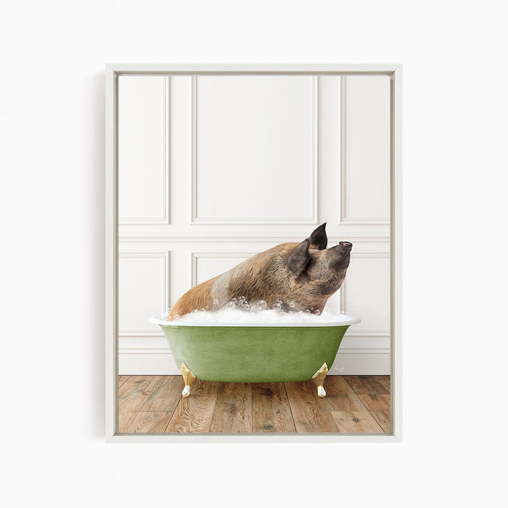 A brown dog is sitting in a green bathtub filled with bubbles, looking up at the camera.