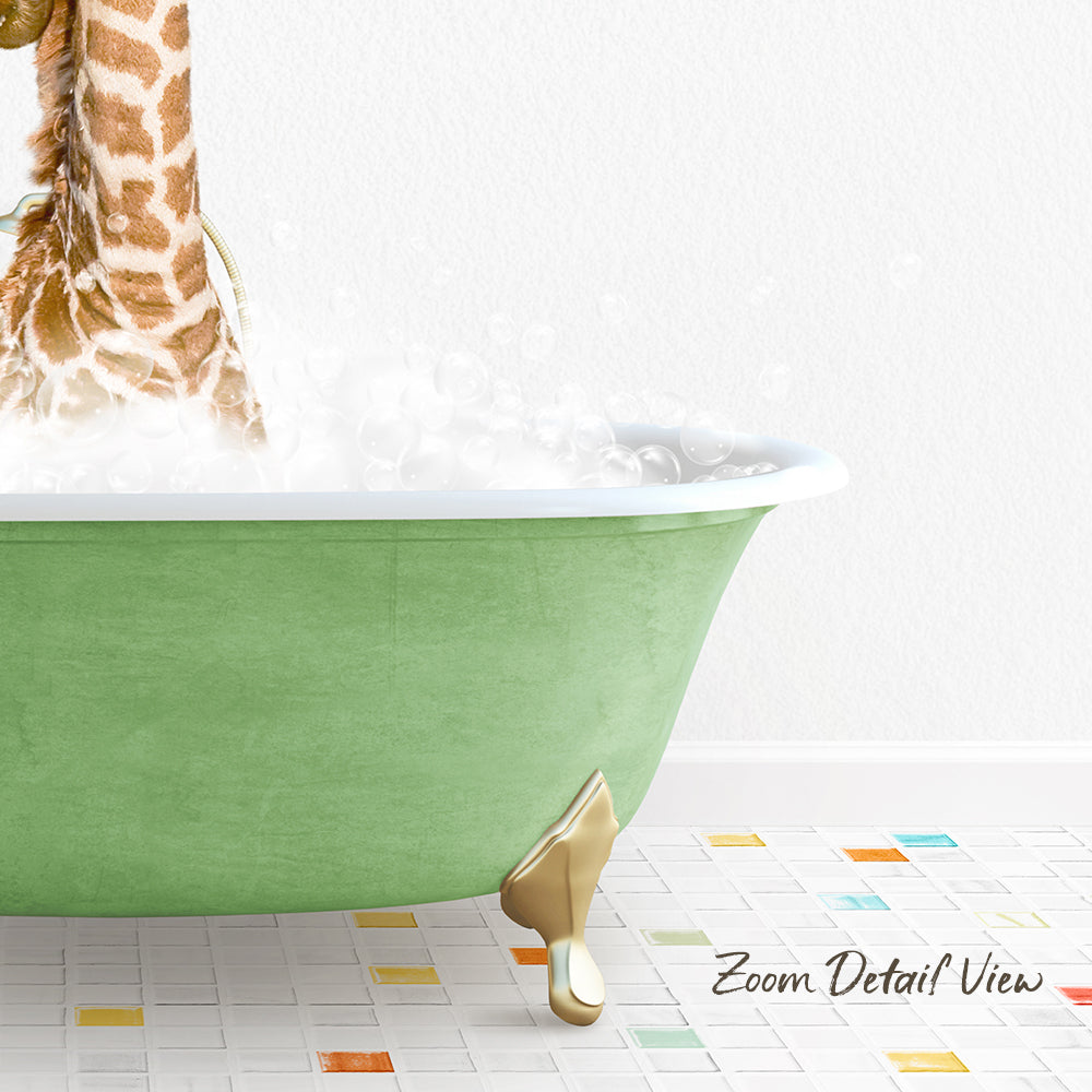 A giraffe standing in a green bathtub filled with bubbles, with a colorful tiled floor in the foreground.