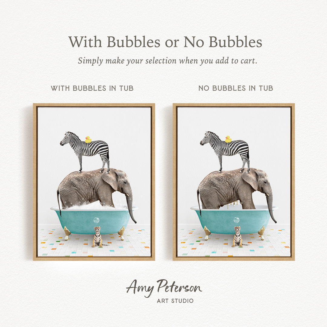 The image is a collage of two framed pictures depicting a zebra standing on an elephant's back while both animals are in a bathtub.