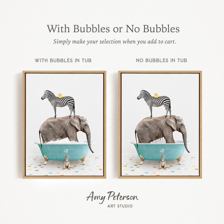 The image is a collage of two framed pictures depicting a zebra standing on an elephant's back while both animals are in a bathtub.