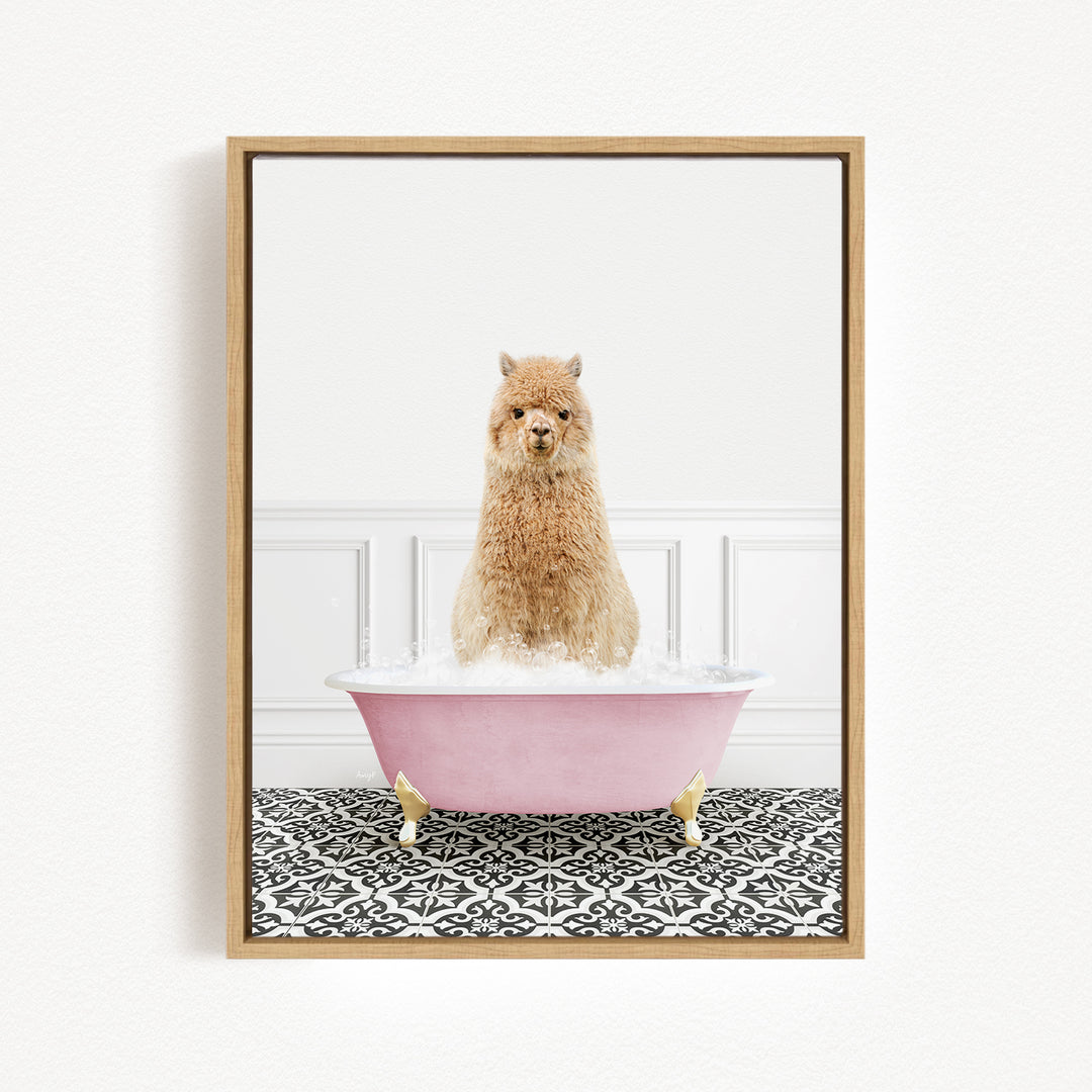 A fluffy brown dog sitting in a pink bathtub filled with bubbles, with a black and white patterned floor in the background.