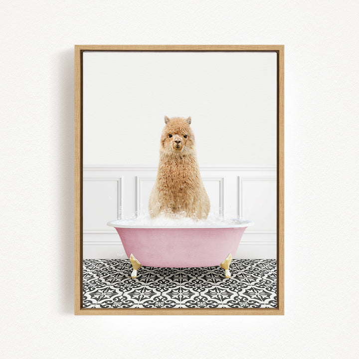 A fluffy brown dog sitting in a pink bathtub filled with bubbles, with a black and white patterned floor in the background.
