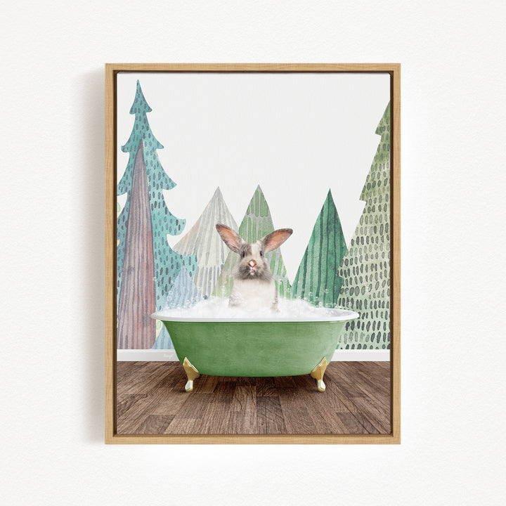 A rabbit sitting in a green bathtub, surrounded by a forest scene with trees and mist.