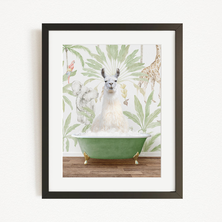 A white llama sitting in a green bathtub, surrounded by a tropical wallpaper with various animals and plants.