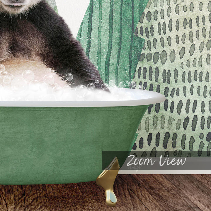 A cat is sitting in a green bathtub filled with bubbles, with a patterned wall in the background.