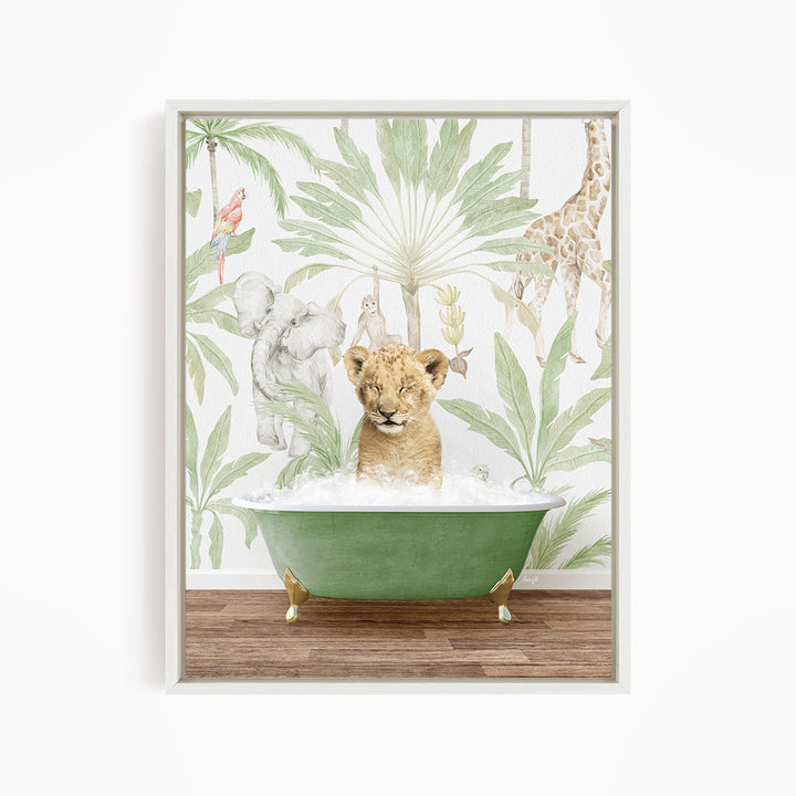 A young lion cub is sitting in a green bathtub, surrounded by various animals such as a giraffe, elephant, and parrot, against a backdrop of tropical foliage.