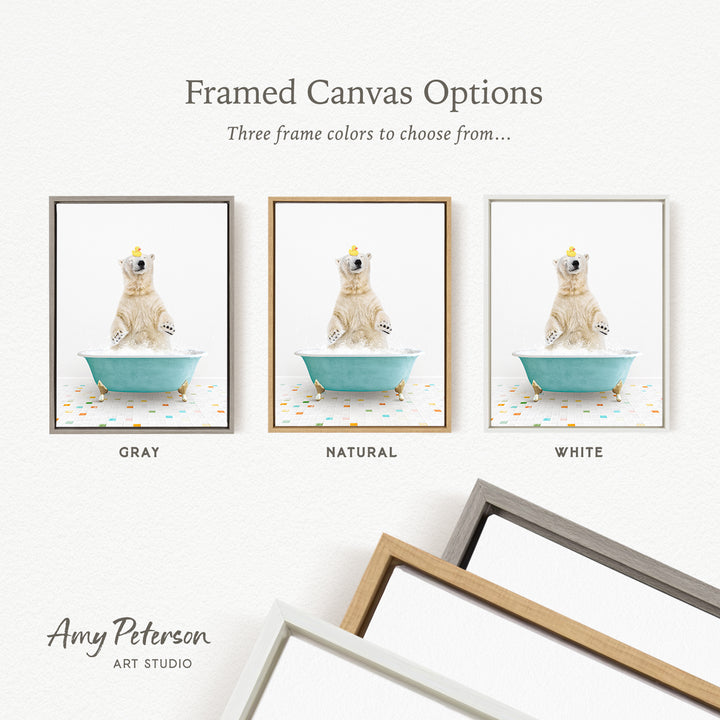 three framed canvas options, each featuring a bear sitting in a bathtub. The options include a gray frame, a natural frame, and a white frame.