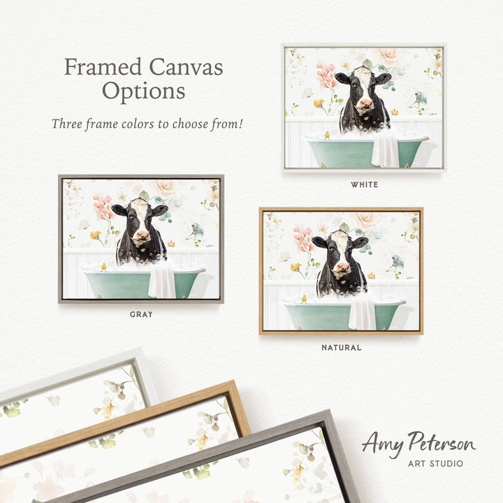 The image is a framed canvas with three different options for the color of the frame: white, gray, and natural. The canvas features a black and white cow sitting in a green bathtub, surrounded by flowers.