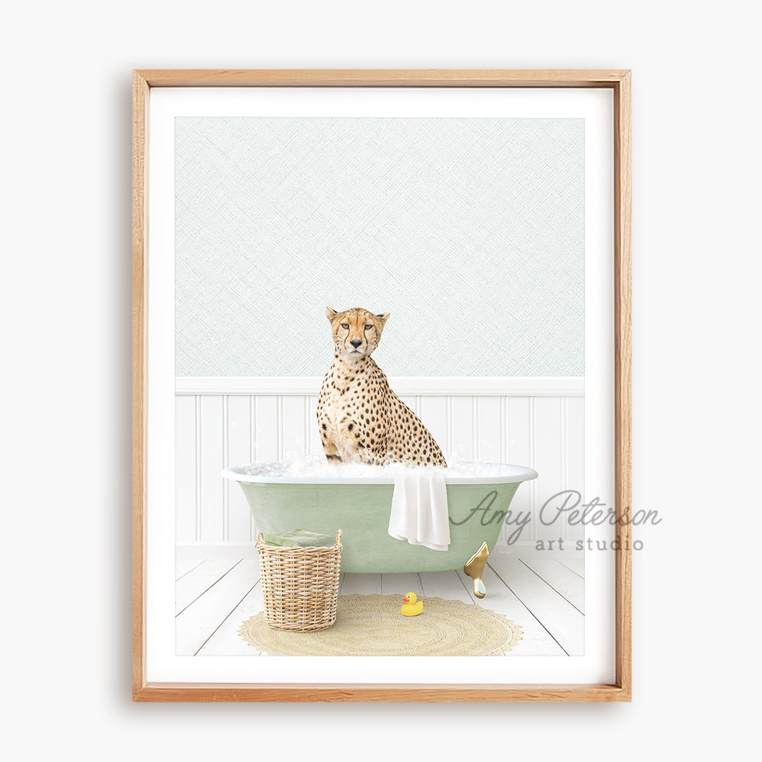 a picture of a cheetah sitting in a bathtub