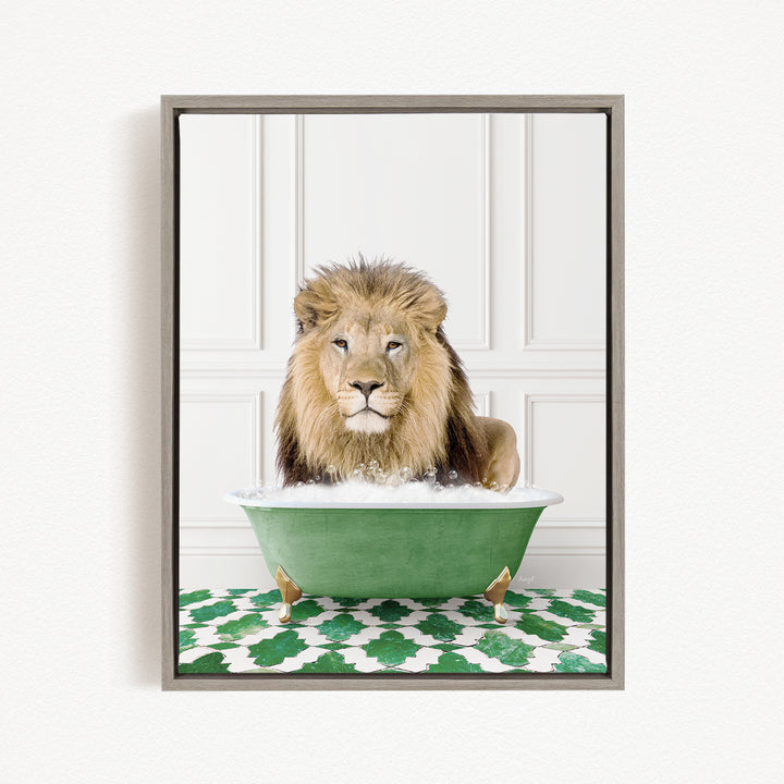 A lion sitting in a green bathtub filled with water, surrounded by a green and white patterned mat.