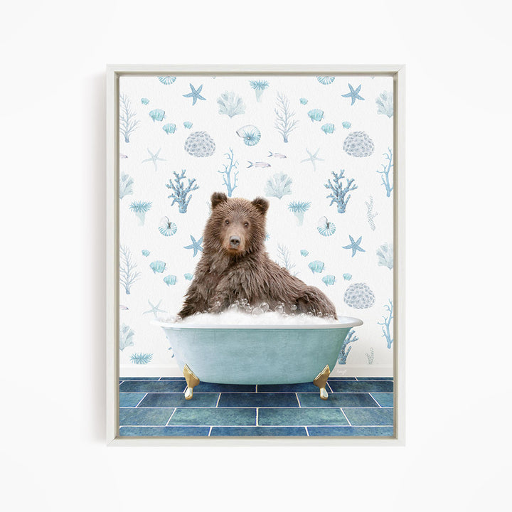 A brown bear sitting in a blue bathtub filled with bubbles, surrounded by a pattern of seashells, starfish, and other marine life.